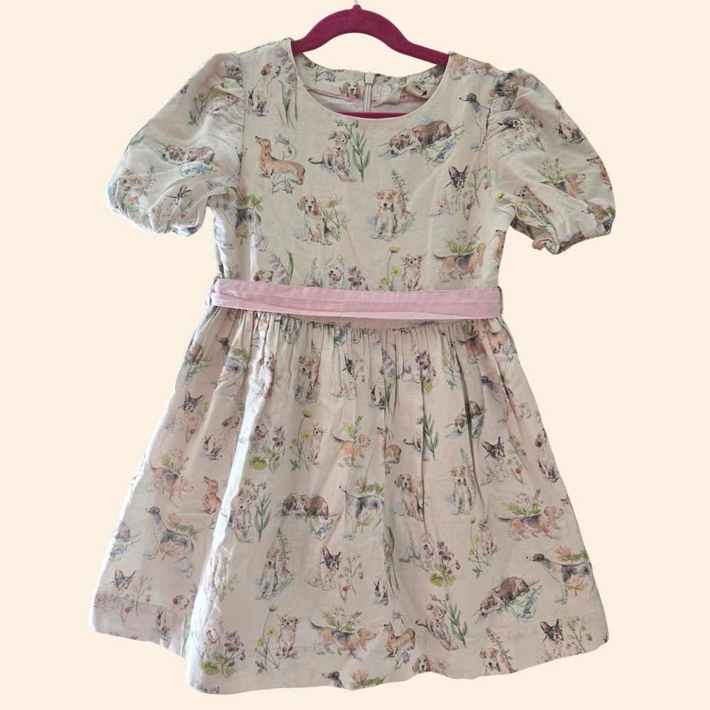 Mini Boden Girls Linen Cotton Dog Print Puff Sleeve Dress Pink Sash 6-7Y G3842